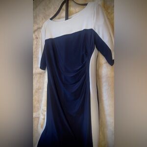 Chaps Navy Blue & White Colorblock Midi Sheath Dress